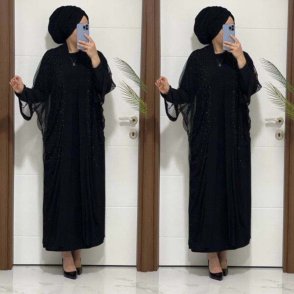 2365 K75 TÜL TAŞLI İKİLİ ABAYA TAKIM - Thumbnail