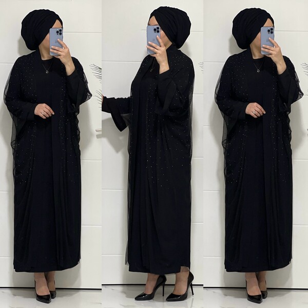 2365 K75 TÜL TAŞLI İKİLİ ABAYA TAKIM - Thumbnail