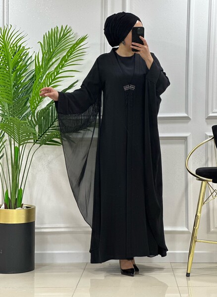 5112 K 500 SİYAH SİFON BONCUKLU YARASA ABAYA İKİLİ TAKIM - Thumbnail