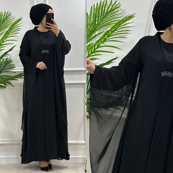 5112 K 500 SİYAH SİFON BONCUKLU YARASA ABAYA İKİLİ TAKIM - Thumbnail