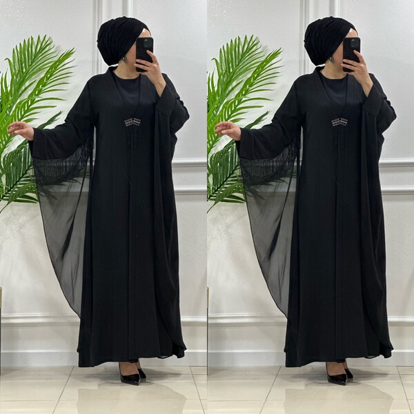 5112 K 500 SİYAH SİFON BONCUKLU YARASA ABAYA İKİLİ TAKIM - Thumbnail