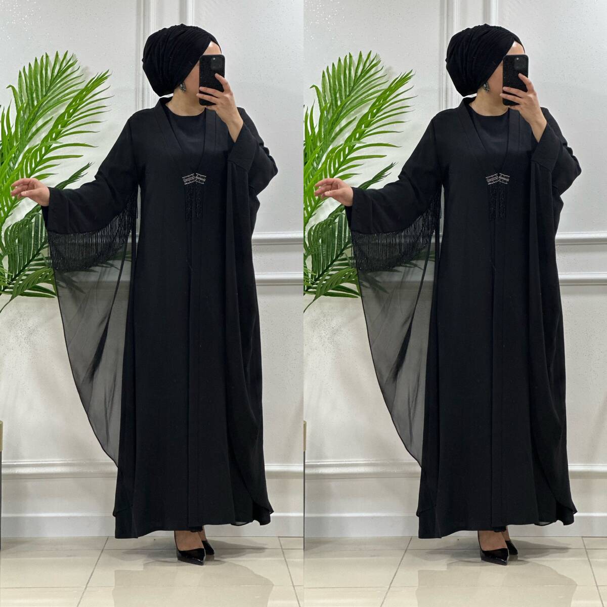 5112 K 500 SİYAH SİFON BONCUKLU YARASA ABAYA İKİLİ TAKIM